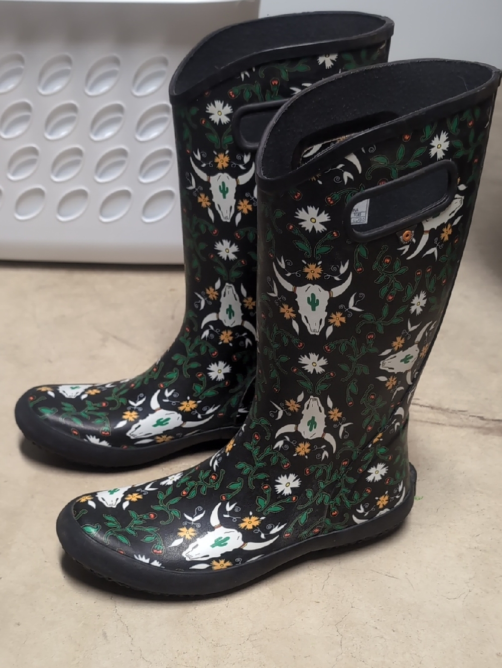 Bogs Rain Boots - Black With Florals And Skulls - Size 10